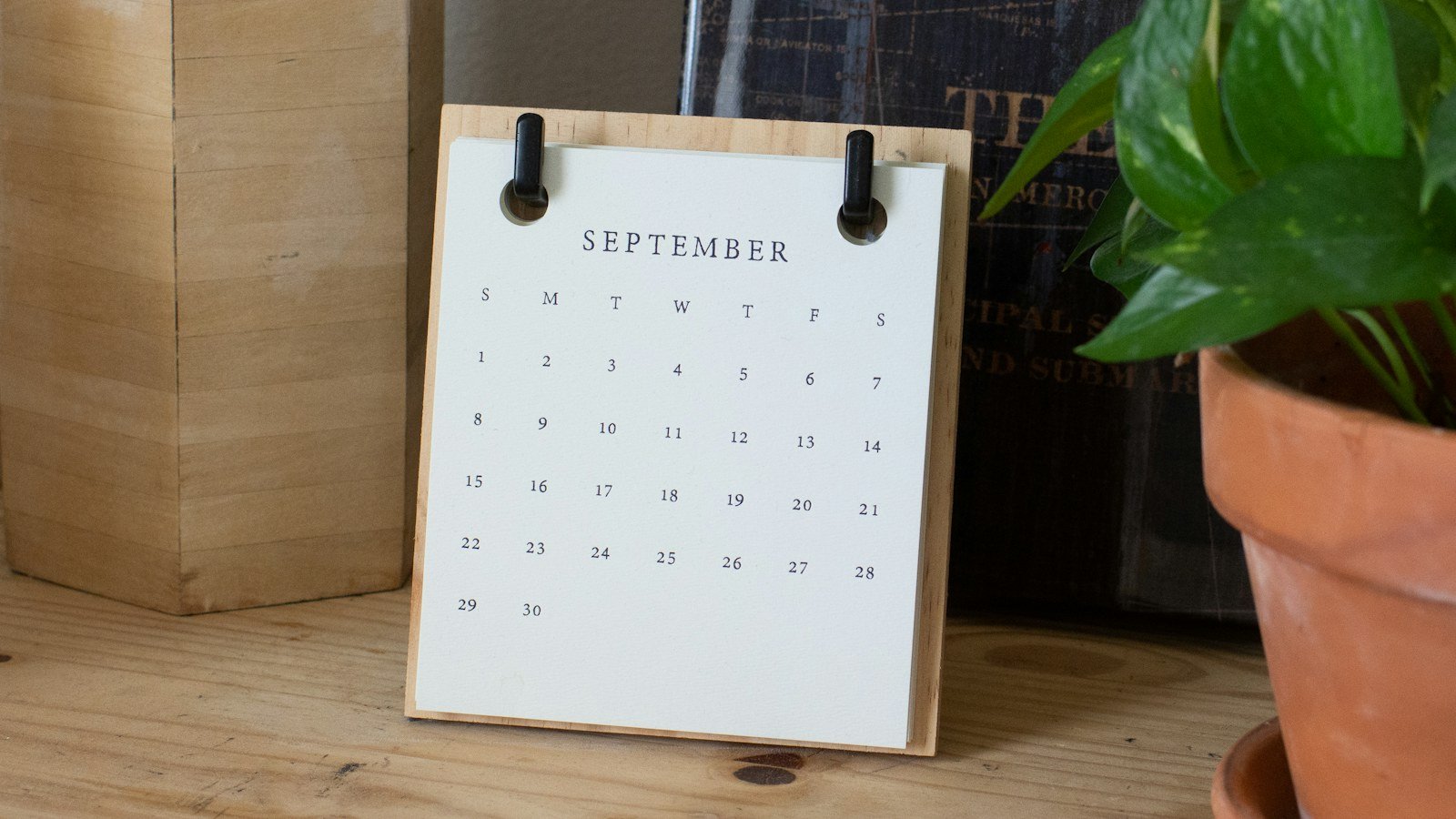 Small desk calendar showing September beside a potted plant on a wooden shelf