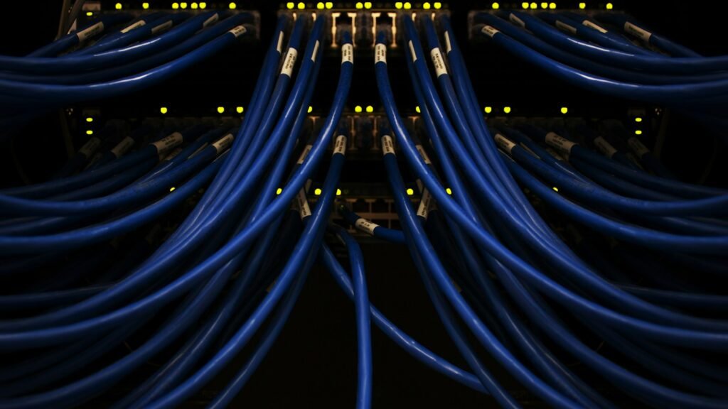 Close-up of a telephone switchboard with patch cables