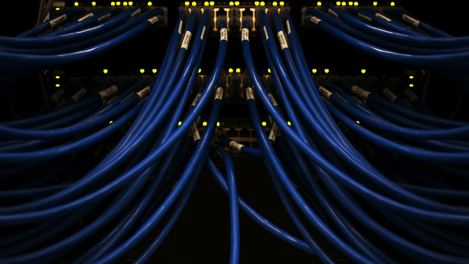 Close-up of a telephone switchboard with patch cables