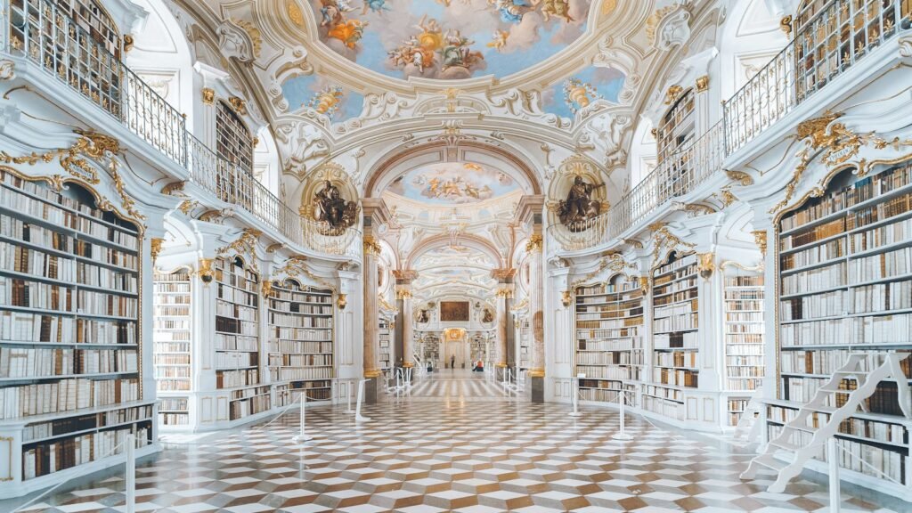 Tall library bookshelves in a reading hall