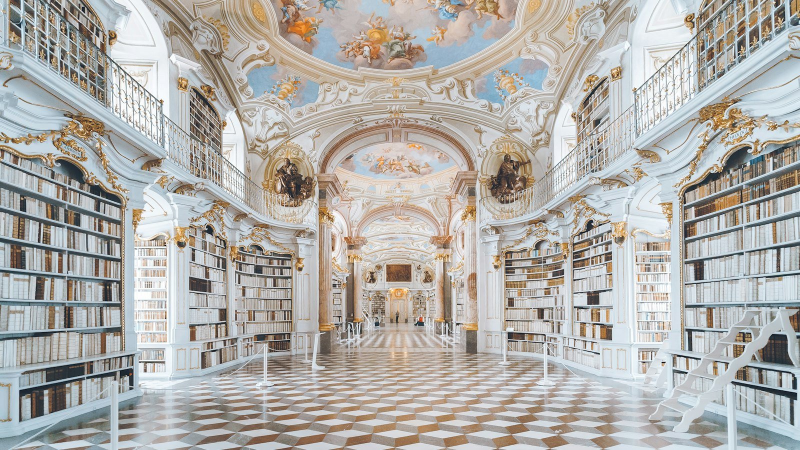 Tall library bookshelves in a reading hall