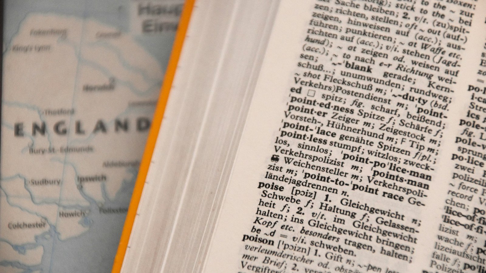 An open printed dictionary lying flat with pages of small text