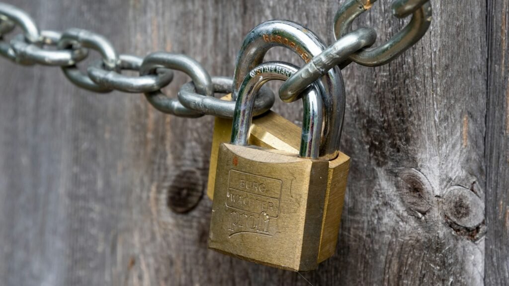 A metal padlock on an old wooden door