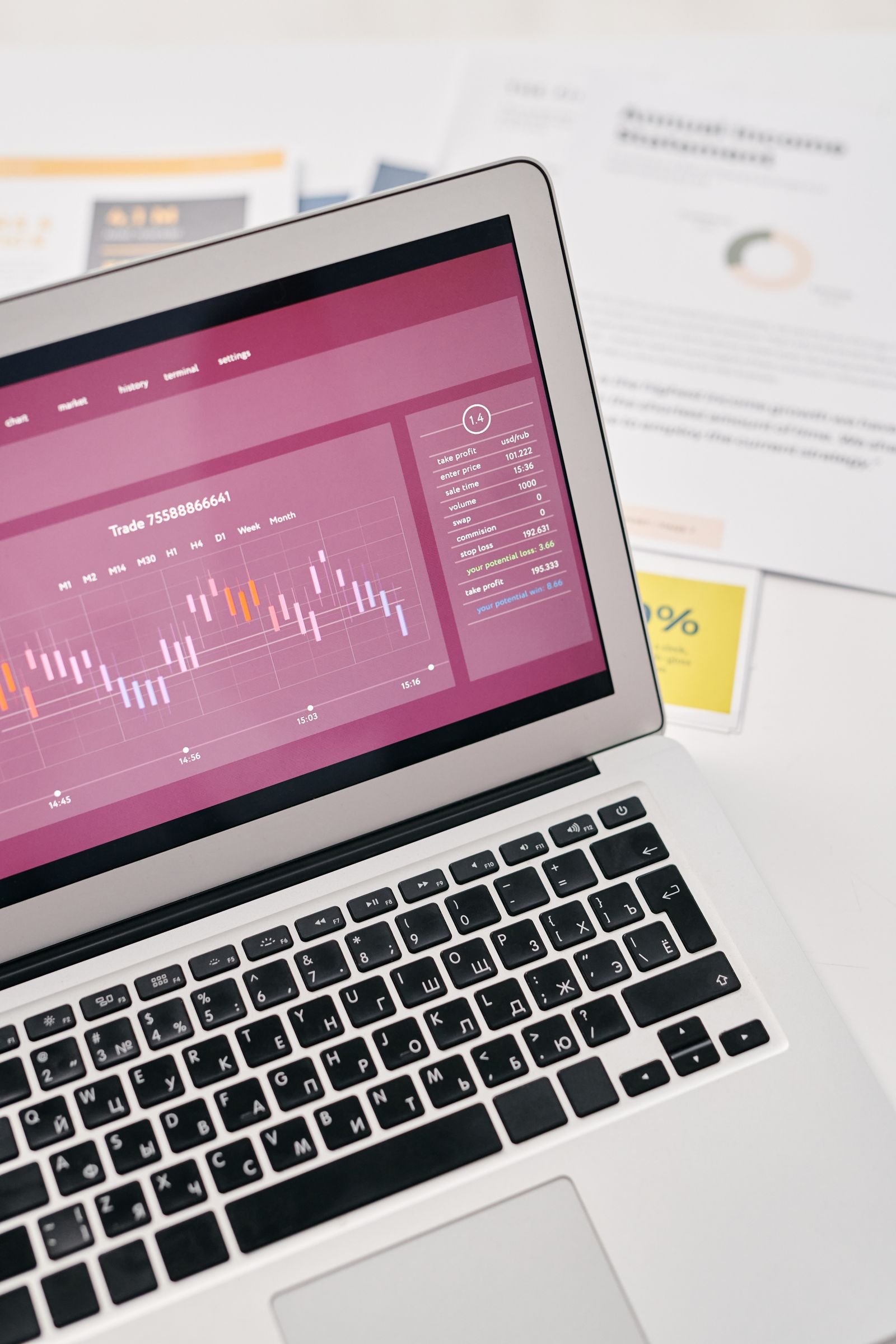 A laptop on a desk showing charts and graphs