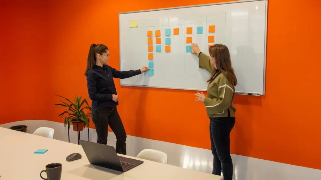 Two women arranging sticky notes on a whiteboard in a bright meeting room