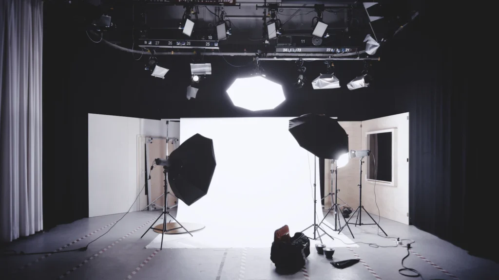 Photography studio set up with camera and lighting