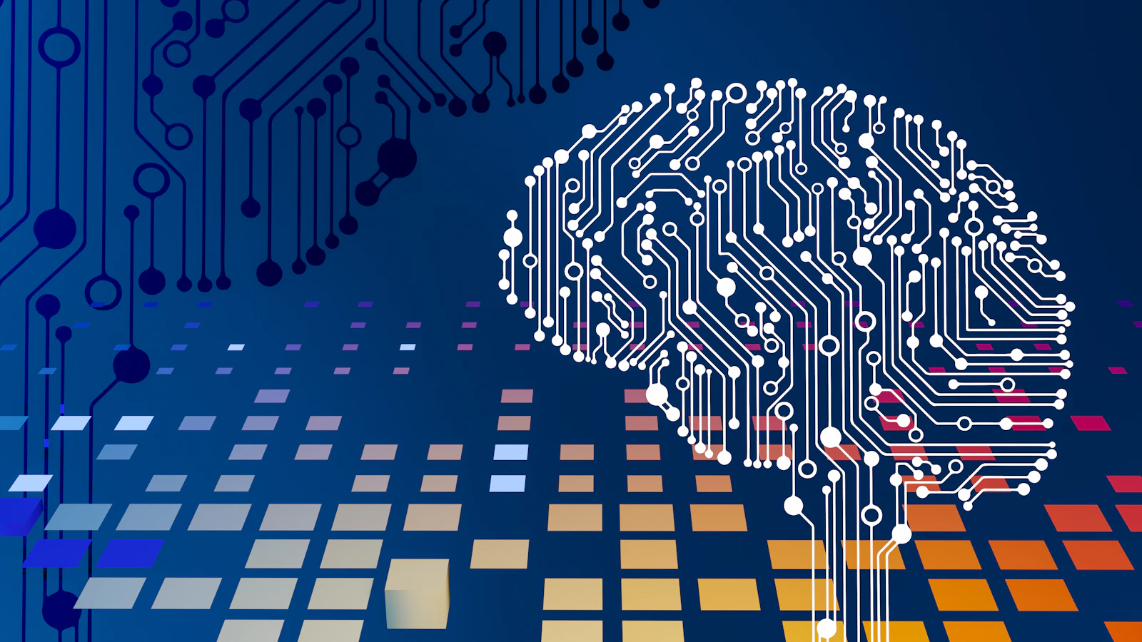 A circuit board with a glowing brain-shaped chip at its centre
