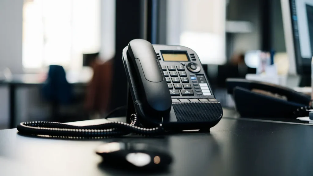Black desk phone with coiled cord on an office desk