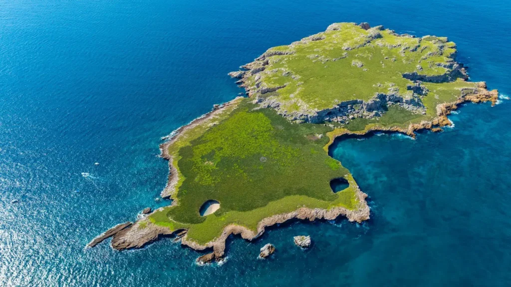 Aerial view of a green island ringed by blue ocean water