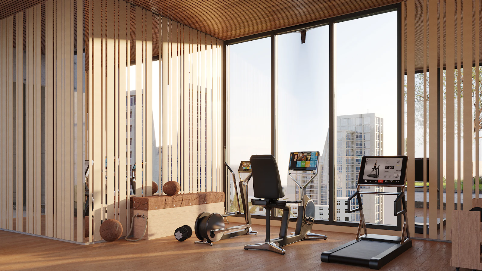 Exercise and rehabilitation equipment in a bright room